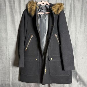 J. Crew Stadium Cloth Coat Size 6 Black Chateau Italian Wool Parka Hood Faux Fur